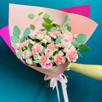 Rose Garden” – Roses, Carnations, and Greenery – Timeless Bouquet