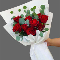 Red Elegance” Red Roses with Greenery – Sophisticated Floral Gift