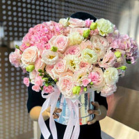 Pink Flower Mix In Box” - Roses, Lisianthuses, Hydrangeas, and Carnations - Mixed Flowers In a Box